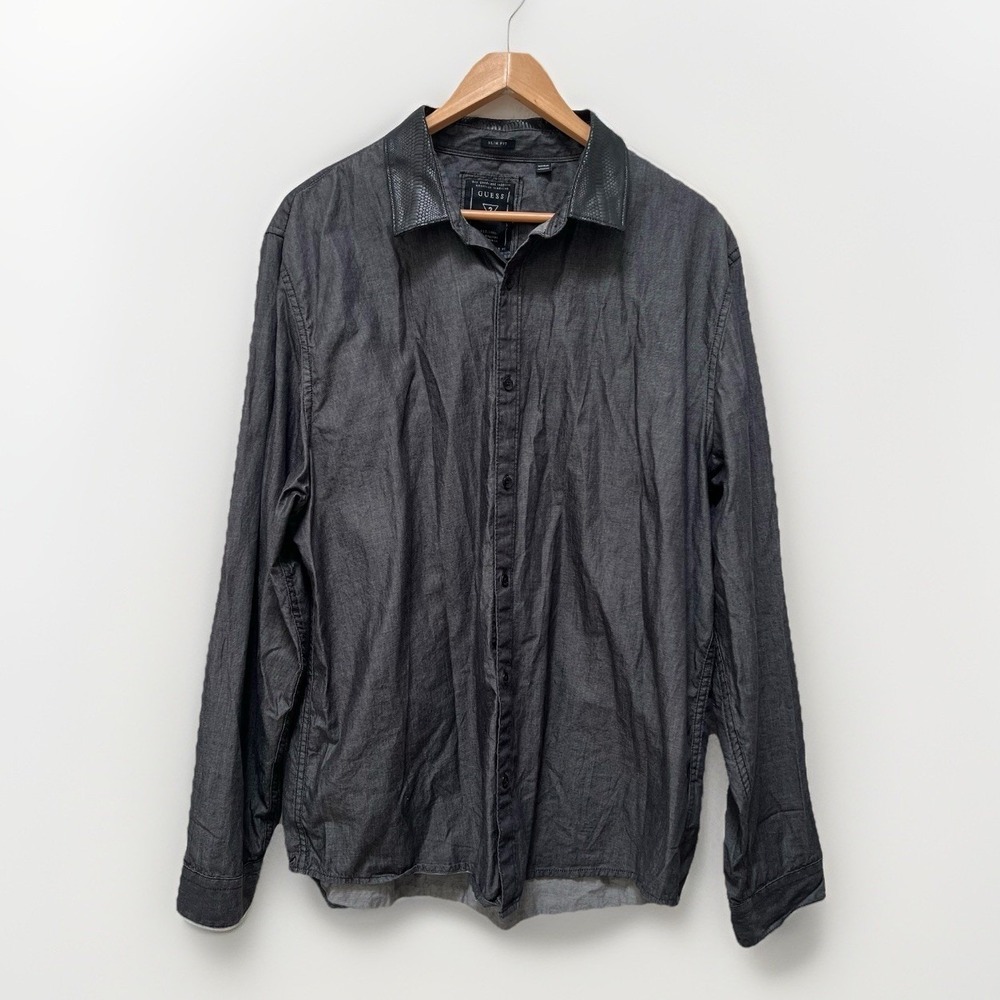 Guess XXL Slim Fit Gray Button Down Shirt Snakeskin‎ Collar Long Sleeve Y2K